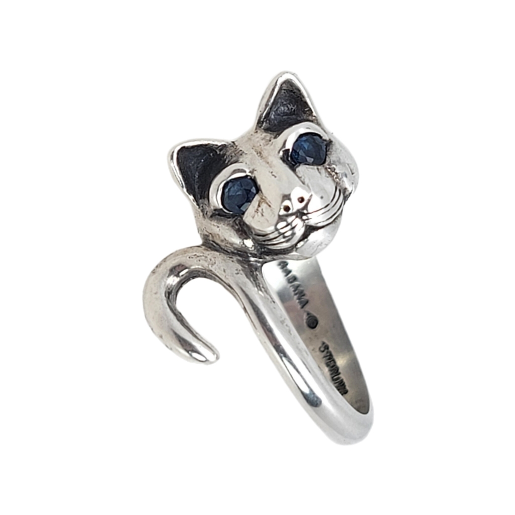 Vintage Kabana Sterling Silver Blue Sapphire Eyes Cat Ring Size 5